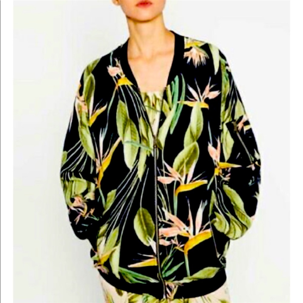 Zara Tropical Safari Floral Print Oversized Relaxed Bomber Jacket M